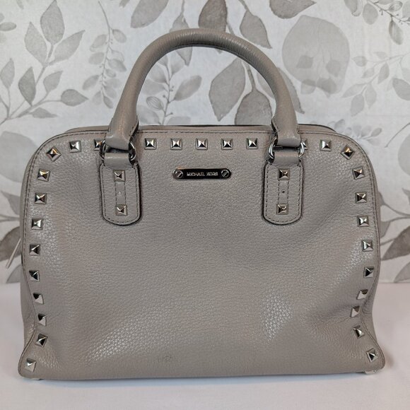 Michael Kors Sandrine Handbag Studded Pebble Leather Satchel Gray Crossbody EUC - Picture 1 of 10